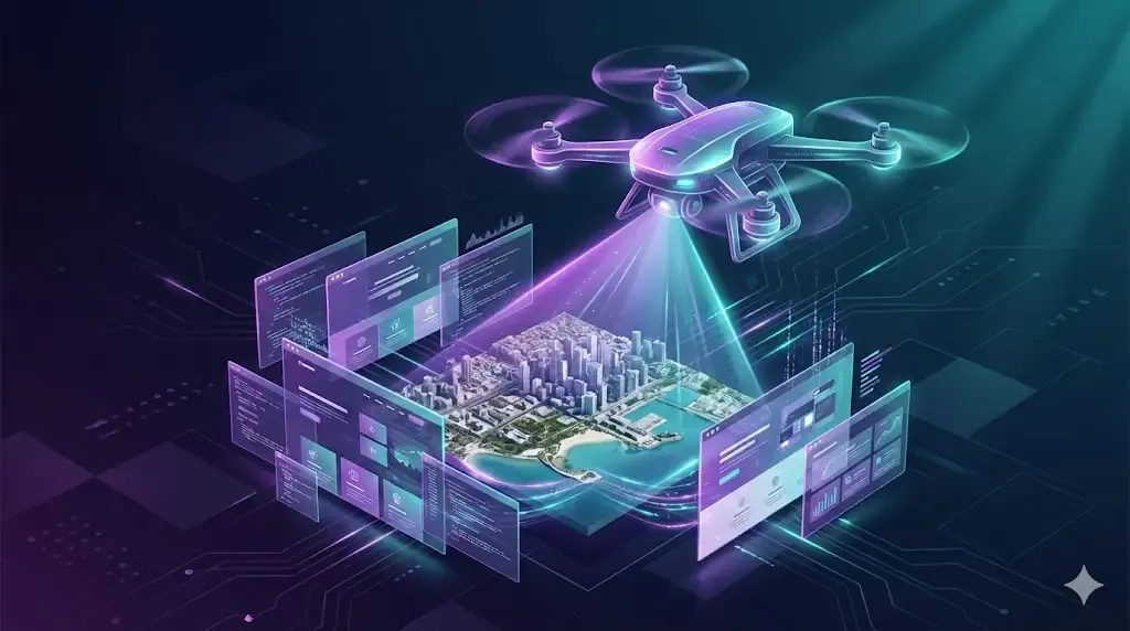 Futuristinen drone ja digitaalinen kaupunki